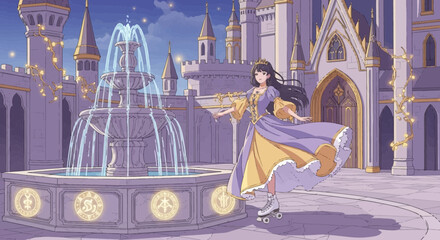 Enchanting evening scene of a princess roller-skating in front of a majestic castle