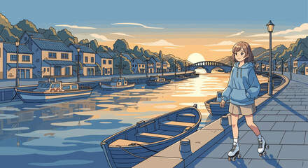 Anime styled illustration: Roller skating girl along waterfront at sunset harbor