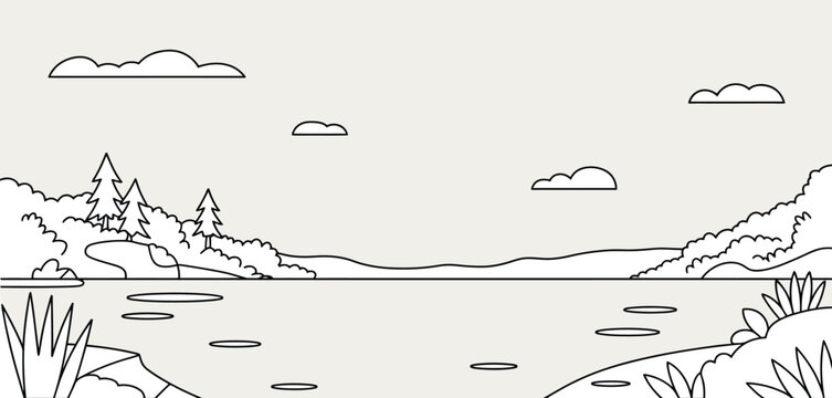 Minimalist line drawing of a calm lake with trees and clouds