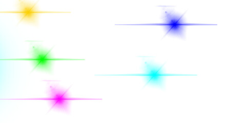 Collection of six light flares with different color lens effects glowing bright light against transparent background in top view