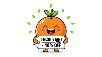 Fresh Start Offer: A cheerful cartoon orange gleefully presents a discount tag, with the message 'Fresh Start - 40% Off', evoking a feeling of renewal and enticing a fresh beginning.