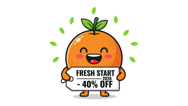 Fresh Start Offer: A cheerful cartoon orange gleefully presents a discount tag, with the message 'Fresh Start - 40% Off', evoking a feeling of renewal and enticing a fresh beginning.