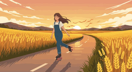 Roller Skating Through Golden Wheat Fields at Sunset: A Serene Illustration
