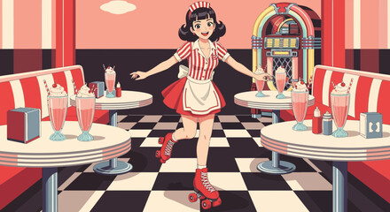 Animated roller skate waitress in a vintage diner serving milkshakes and nostalgia
