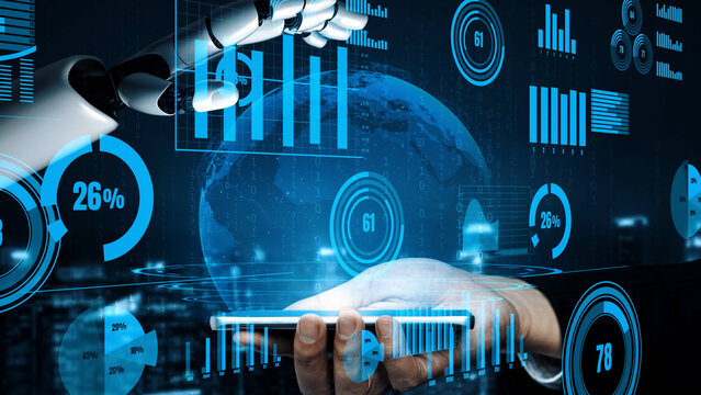 This image captures a robotic hand interacting with a smartphone display showcasing digital data and graphs, representing modern business innovation and technology integration. Xenic
