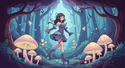 Enchanting roller skating adventure amidst a magical forest landscape