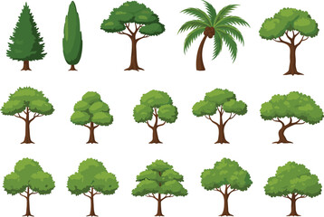 Tree illustration set, botanical tree icons, diverse tree shapes, foliage design, landscape elements, nature clipart, forest trees, vector tree collection, garden graphics