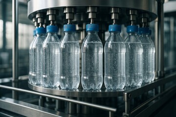 Plastic water bottles being filled in automated bottling plant on modern industrial production line under bright light in factory background. Ai generative
