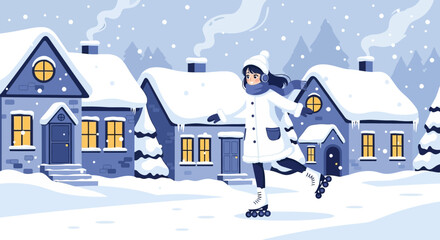 Winter rollerblading through a snow-covered cartoon village evokes cheerful winter fun
