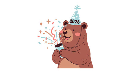 Festive Bear Celebration: A jovial illustration features a cheerful bear adorned with a party hat and a drink. Surrounded by festive confetti, it joyously celebrates the new year
