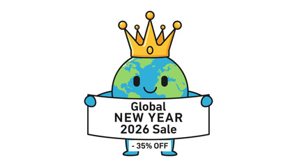 Global New Year 2026 Sale: A charming Earth character, crowned with a golden crown, holds a banner announcing a Global New Year 2026 Sale with a enticing -35% discount, this illustration.