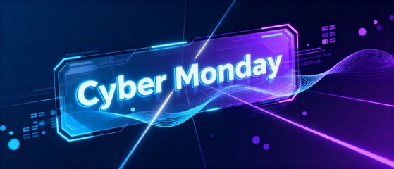 Cyber Monday sale promotion with neon graphics in a digital style  