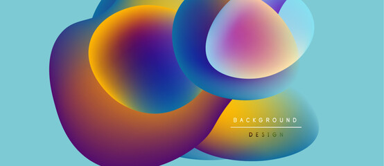 Abstract fluid shapes overlap, creating vibrant color gradients. Blue background complements warm tones, modern design element.