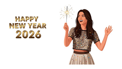 New Year Sparkler: A woman joyfully celebrates the New Year, holding a sparkling sparkler as golden letters spell out the year 2026.