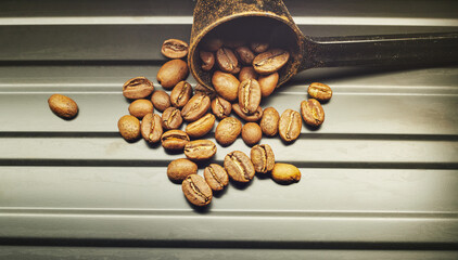 Close-up of roasted coffee beans near a sorting spoon.