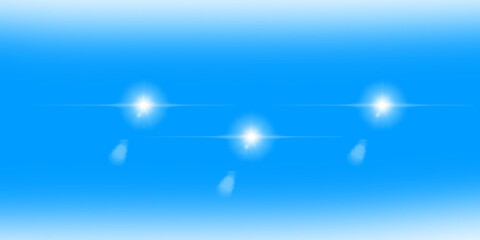 Starbursts create vivid, glowing composition against clean sky blue transparent backdrop with bokeh effect and radiating beams light