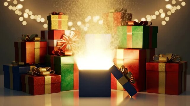 Colorful gift boxes with glowing open present on festive background  