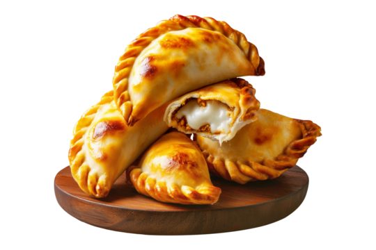 Argentina and Uruguay empanadas stacked in a pyramid, golden baked crust, meat and potato filling on wooden plate, isolated on white transparent background, concept of traditional South American Cuisi