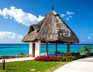 Tropical coastal scene featuring a thatched-roof structure, lush vegetation, turquoise waters under a bright, cloud-filled sky