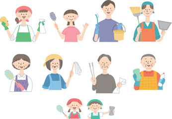 掃除道具を持った人々のイラストセット
