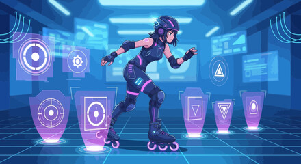 Futuristic Rollerblade Racer Navigating Holographic Data in a Cyberpunk Arena