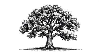 A detailed illustration of a large, leafy tree with strong branches
