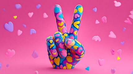 A brightly colored hand making a peace sign amidst falling hearts