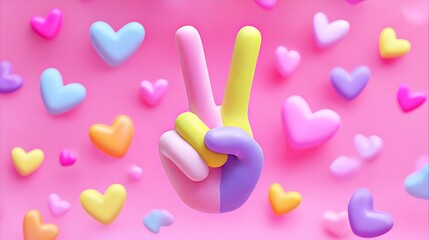 Colorful pastel hearts and a hand making a peace sign on pink background
