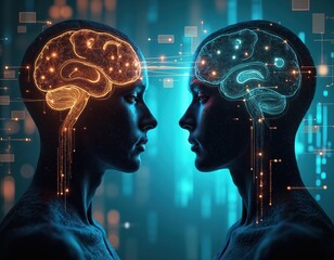Artistic rendering of two human heads with glowing brain structures, digital neural networks. Illustration represents connection between minds digital innovation, AI. Concepts include tech future