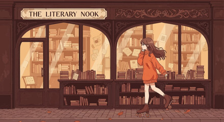 An animated girl roller skating past a cozy bookstore called 'The Literary Nook'