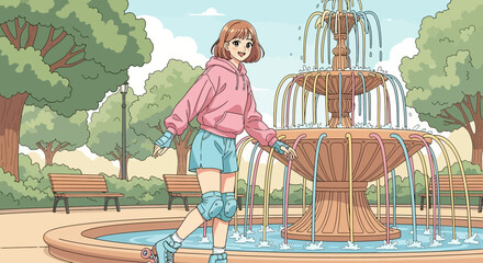 Anime-style Illustration: Girl on Roller Skates by Fountain in Park