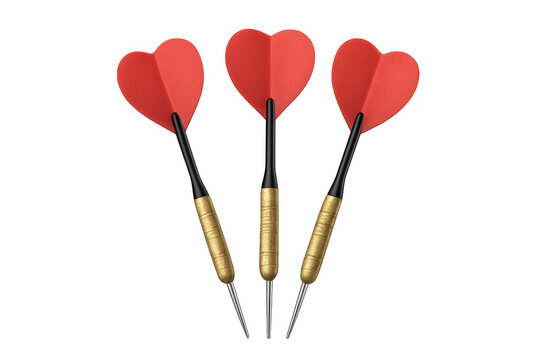 Three darts with red heart shape flights flying, aiming, celebrating valentine's day and love, transparent background