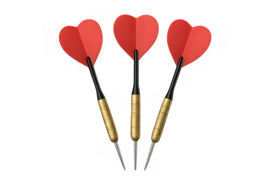 Three darts with red heart shape flights flying, aiming, celebrating valentine's day and love, transparent background