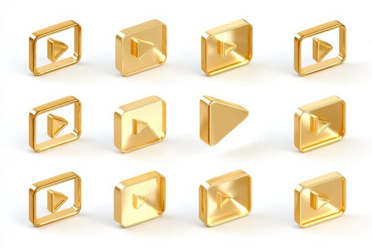Twelve gold play buttons in various angles and styles