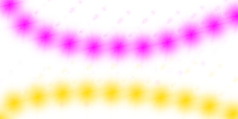 Two strings of lights with magenta and yellow colors effect on transparent background with dots shining brightly in top view