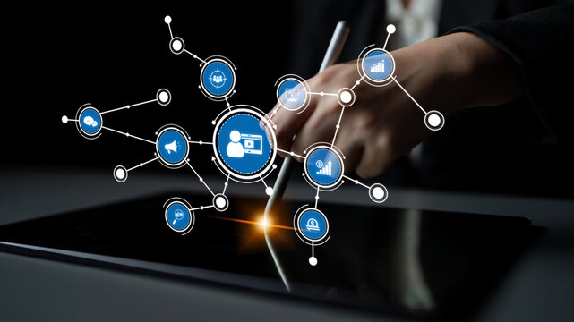 A conceptual representation of digital connections in a business setting, showcasing icons related to analytics and interaction on a touchscreen device. Tessel