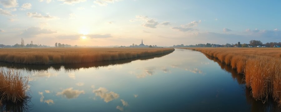 Wide river flows through flat countryside with dry grass fields under a calm sky at dusk. Reflecting clouds and sun in water show peaceful Dutch landscape. Rural scene has distant church tower.