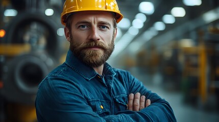 Construction worker in safety gear oversees task at a factory facility during daylight hours