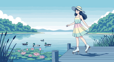 Tranquil waterside escapade with a cheerful girl on roller skates art piece