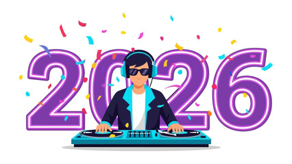 DJ in 2026: A stylish disc jockey stands at his deck, mixing beats under the glow of the vibrant '2026' with falling confetti, creating an electrifying atmosphere