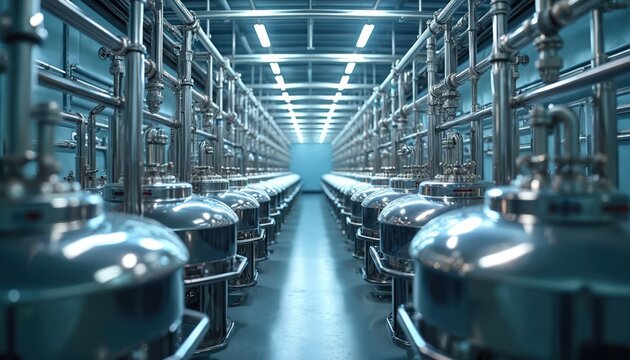 Stainless steel bioreactors in pharmaceutical factory. Industrial facility for vaccine production. Modern tech equipment, pipelines in clean room. Research, development in medical tech. High-tech - Powered by Adobe