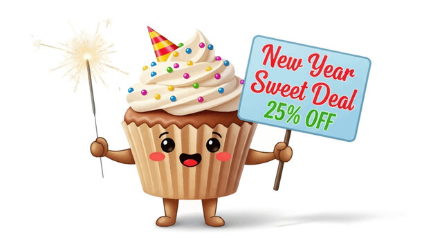 Sweet New Year Deal: A cheerful cupcake character enthusiastically holds a sparkler and a sign, advertising a New Year Sweet Deal with a 25% discount. - Powered by Adobe