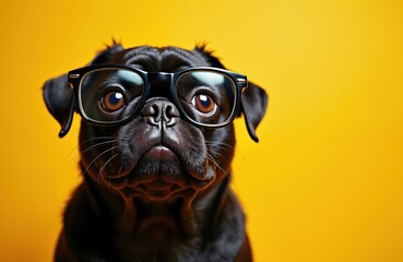 Black pug dog wears stylish eyeglasses. Pet looks smart, funny against yellow backdrop. Cute animal portrait shows charming personality, unique style. Puppy with glasses expressive face. Animal