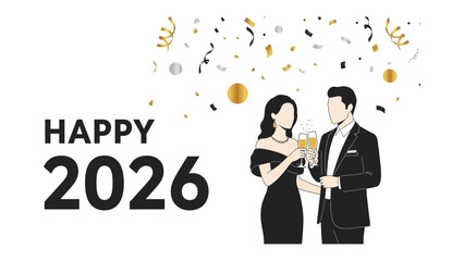 New Year's toast: A stylish couple raises their champagne flutes in a toast to a new year. The festive scene features sparkling confetti falling around them, symbolizing celebration, joy, and hope.