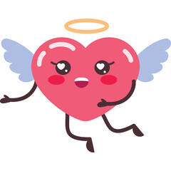 Cute Pink Heart Character with Wings Halo and Happy Expression Dancing Joyfully on Transparent Background Expressing Love and Affection in a Whimsical Style