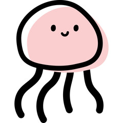 Cute Pink Jellyfish with Black Outline and Tentacles Simple Cartoon Illustration on Transparent Background