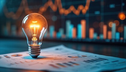 Glowing light bulb sits on report charts and graphs. Background shows blurred stock market data graphs and bar charts. Business planning and idea generation.