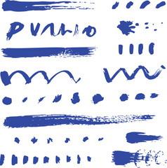 Collection of Blue Ink Brush Strokes and Splatters on White Background