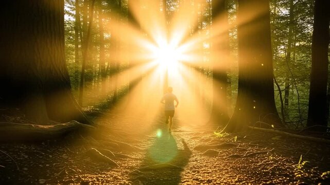 Man running through sunbeams in a mystical forest at sunrise inspiring journey and healthy lifestyle