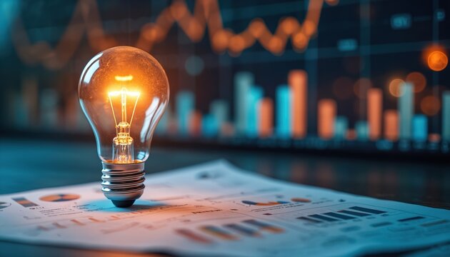 Glowing light bulb sits on report charts and graphs. Background shows blurred stock market data graphs and bar charts. Business planning and idea generation.